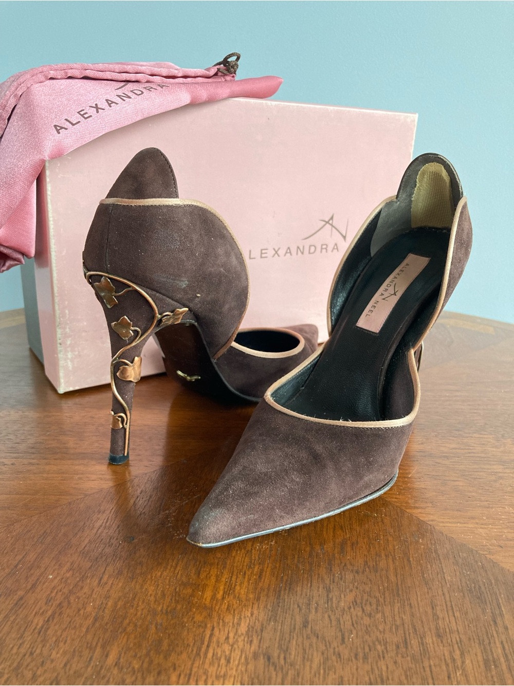 Alexandra Neel brown suede and satin heel pumps with copper stiletto detail